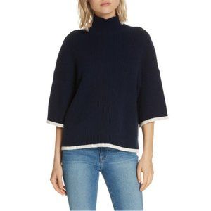 Frame Denim Navy Ribbed Mock Neck Sweater with Cream Trim